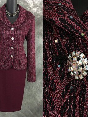 BEAUTIFUL St John evening knit burgundy red multi rhinestone skirt suit size 4 6